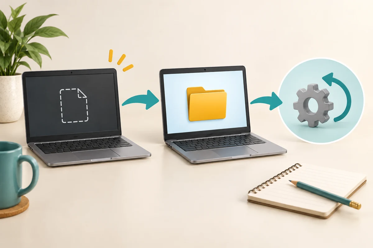 A problem on one laptop is followed by a saved folder and a restart symbol.