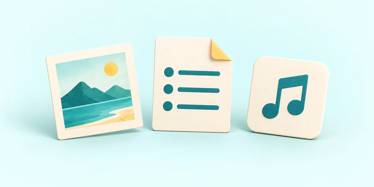A photograph, a checklist and a music symbol representing different kinds of files.