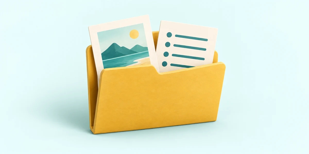 A yellow folder holding a holiday photograph and a checklist together.