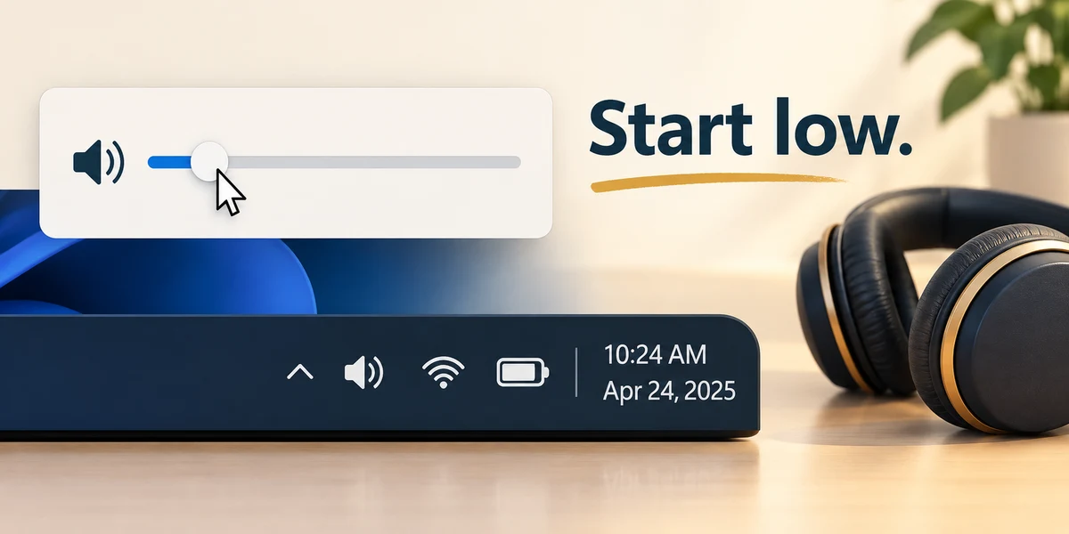 A low volume slider is shown above the taskbar sound controls beside headphones.
