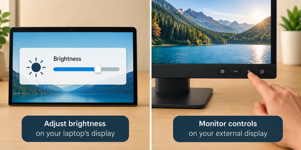 Laptop display brightness slider compared with physical controls on an external monitor.