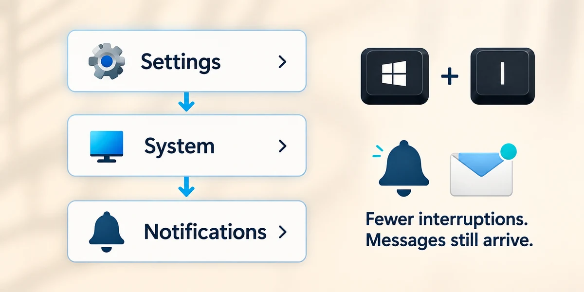 Settings, System and Notifications route, with Windows plus I and a reminder that messages still arrive.