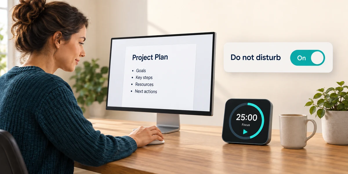 Do not disturb and a focus timer reduce interruptions while a learner works on a project plan.