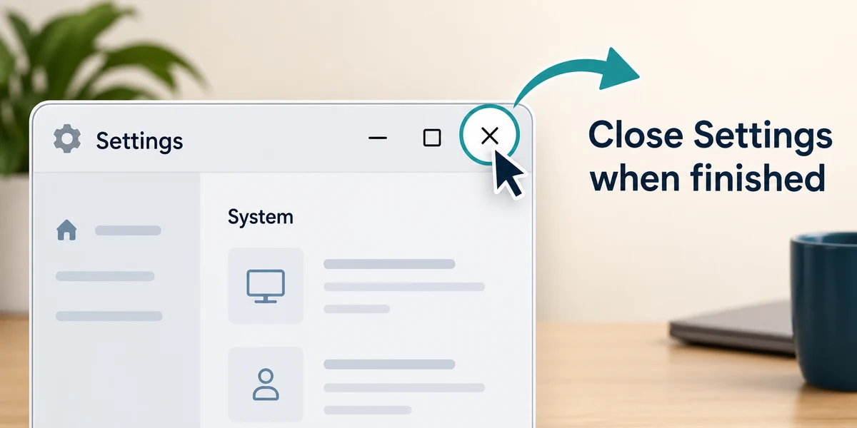 The X at the upper-right of the Settings window is highlighted as the close control.