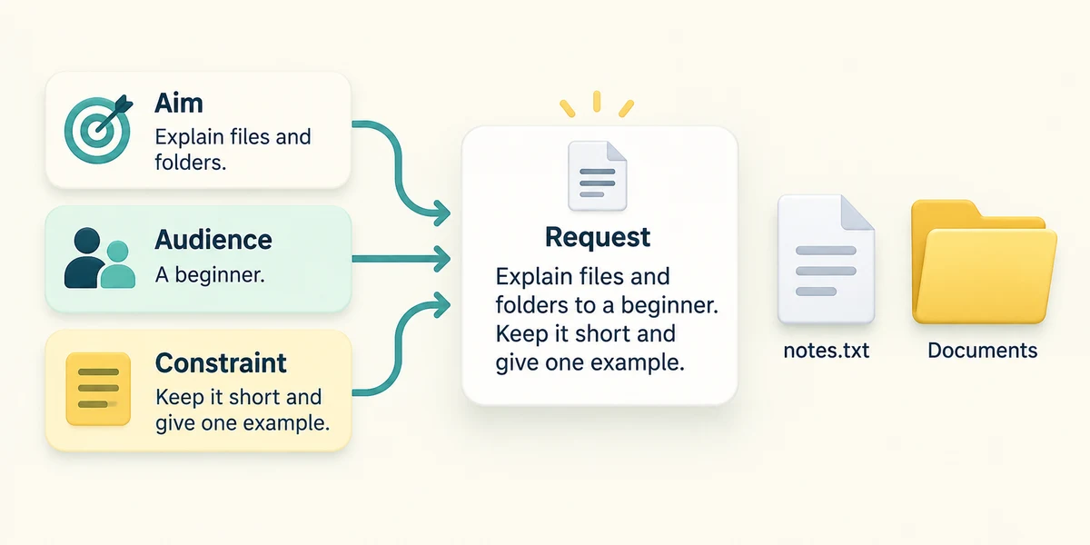 A useful AI request states the aim, beginner audience and a short answer with one example.