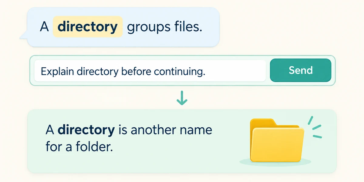 A follow-up asks the AI to explain an unfamiliar word before continuing.