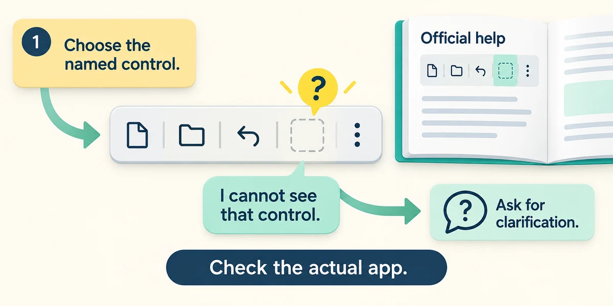 When an AI-described control is absent, the learner compares the real app and asks for clarification instead of guessing.