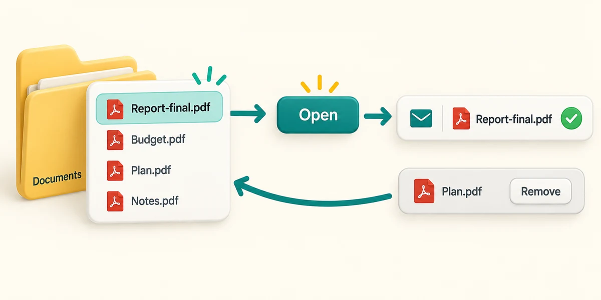Choose the intended file, click Open and check its attachment chip; remove a wrong file.