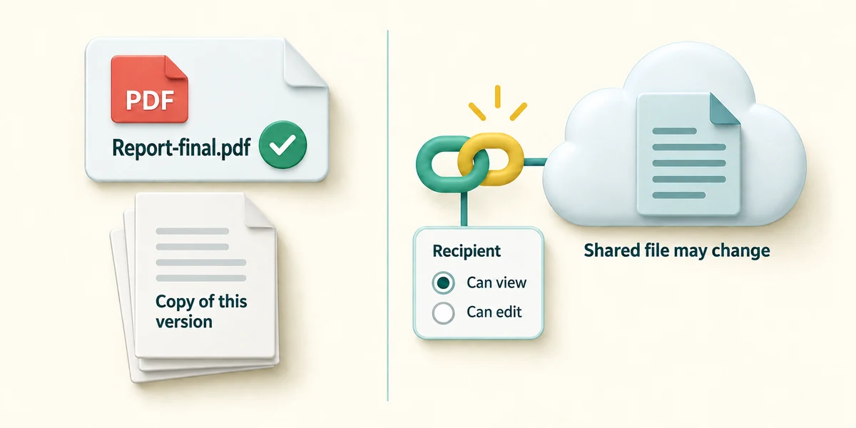 A Report-final.pdf attachment provides a fixed version; a shared link can lead to a changing file with access permissions.