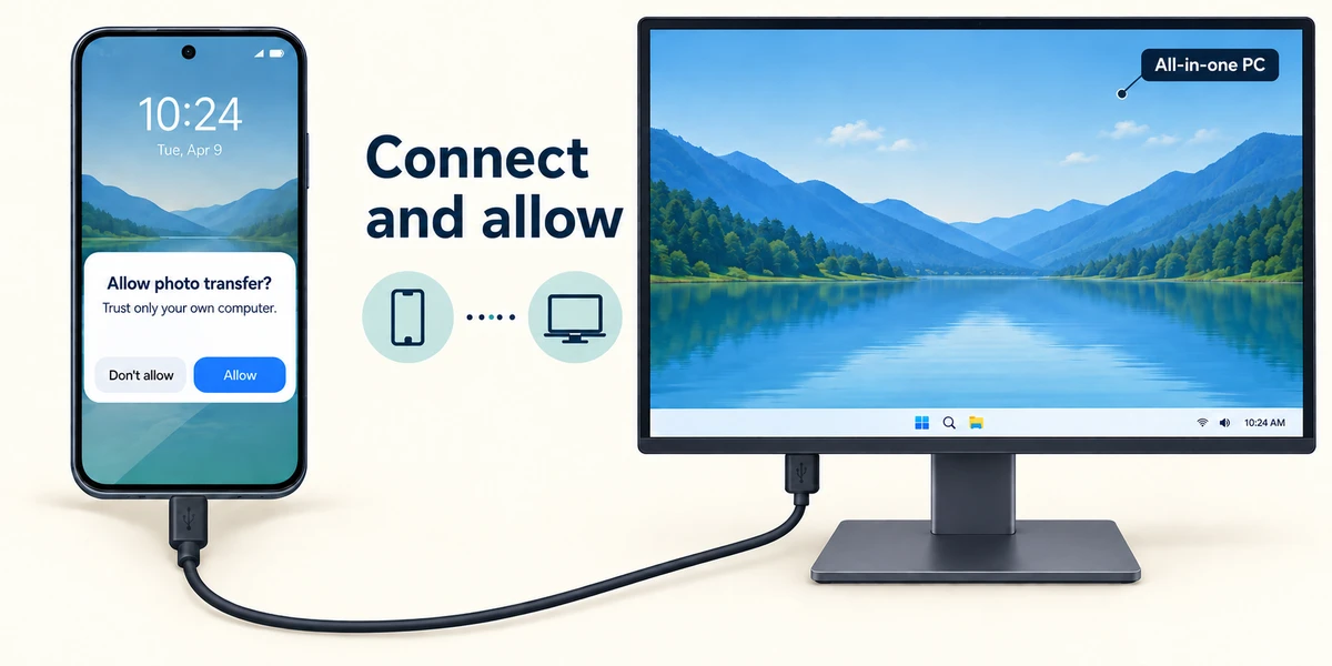 An unlocked phone connects to the computer by USB, with an Allow photo transfer prompt on the phone.