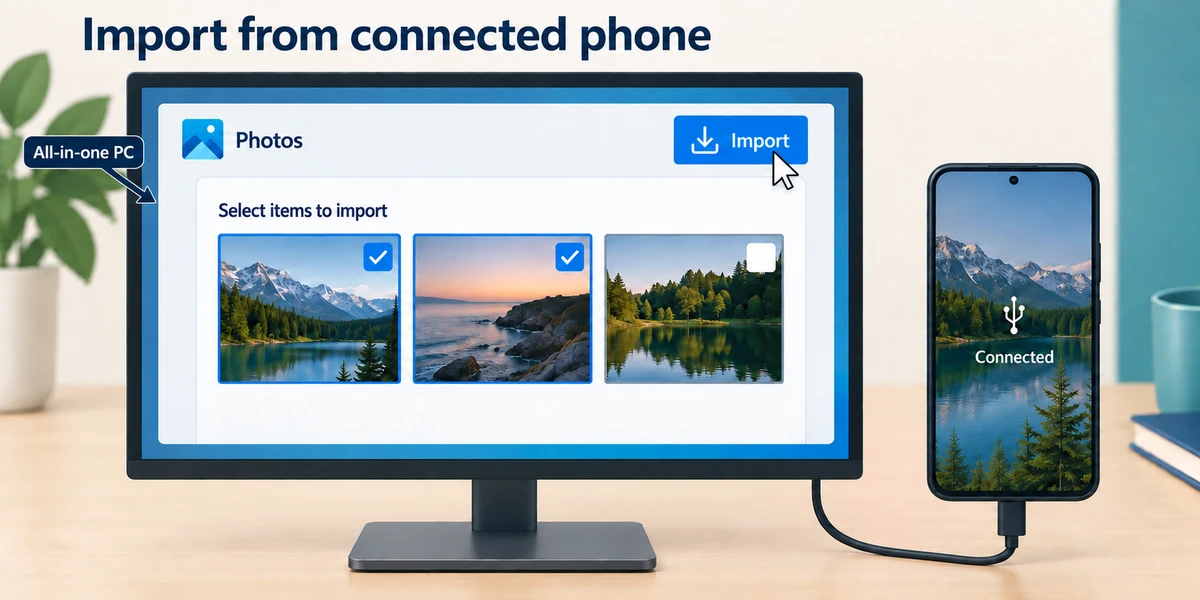 Photos shows Import and selected picture thumbnails beside the connected phone.