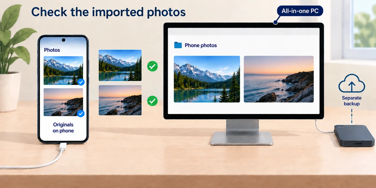Imported photos open on the computer while originals remain on the phone and a separate backup drive is shown.