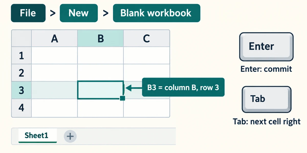 B3 lies at column B and row 3; Enter commits an entry and Tab moves to the cell on its right.