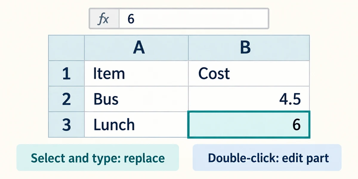 The list pairs Bus with 4.5 and Lunch with 6, using one item per row and numeric costs.
