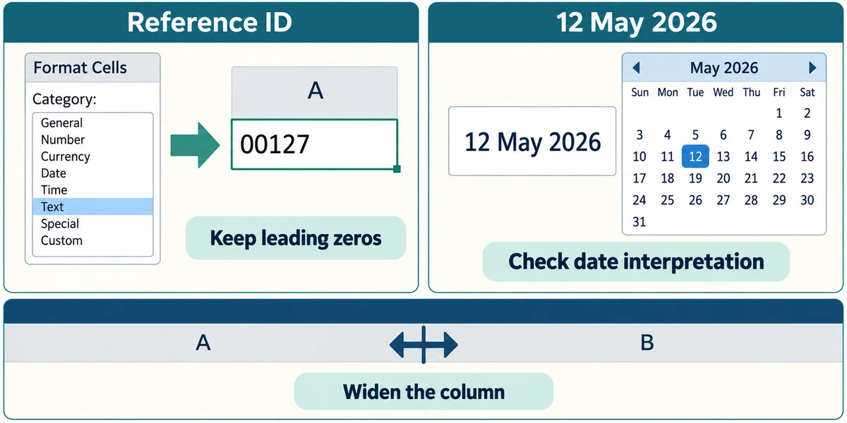 Format identifiers as Text before entry to preserve leading zeros, and check dates and column width.
