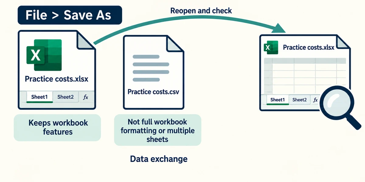 Save in Excel workbook format when you need sheets and formulas, then reopen the saved file to check it.