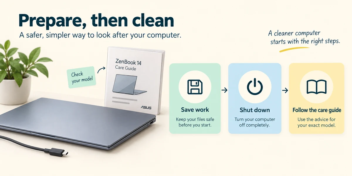A closed laptop and disconnected charger beside its care guide and preparation steps.