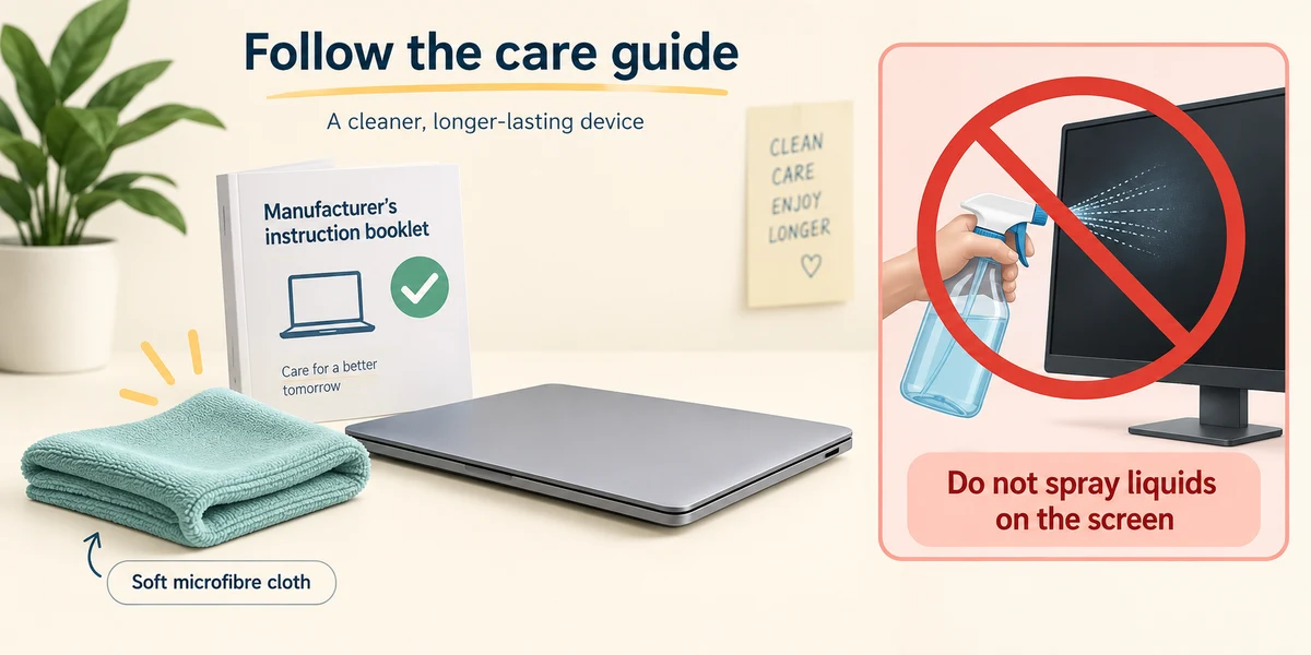 A soft cleaning cloth and care guide, with a separate warning against spraying a screen directly.