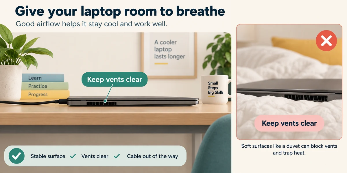 A laptop on a firm desk with clear vents and a loose cable, compared with obstructing bedding.