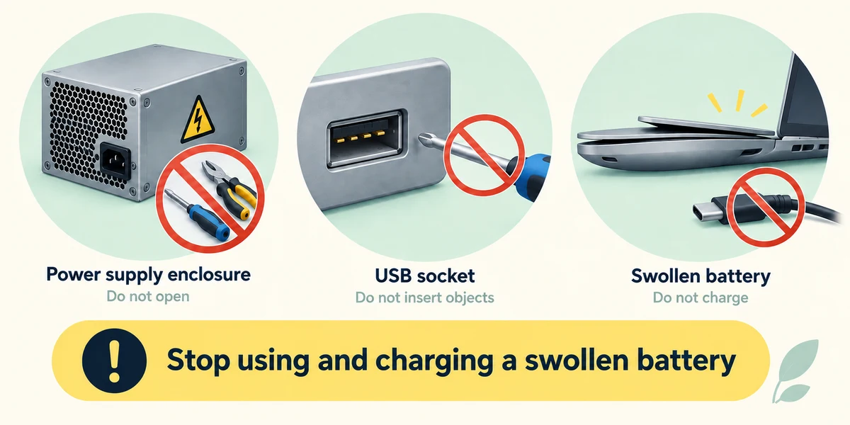 Warnings against opening a power supply or forcing a tool into a port, beside an unplugged laptop with a swollen battery.