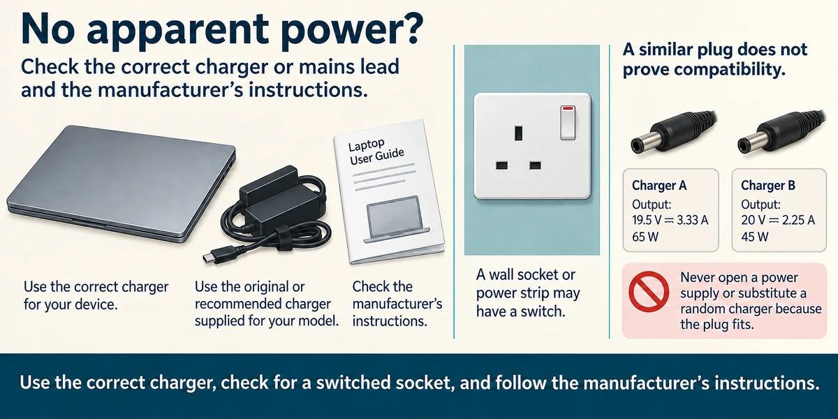 The correct charger, model guide and wall switch are checked; similar-fitting charger plugs have different electrical specifications.