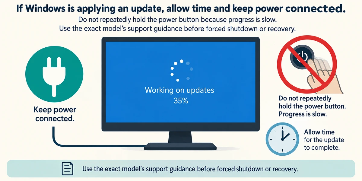 Windows shows Working on updates at 35%, beside reminders to keep power connected and avoid repeated forced power-button stops.