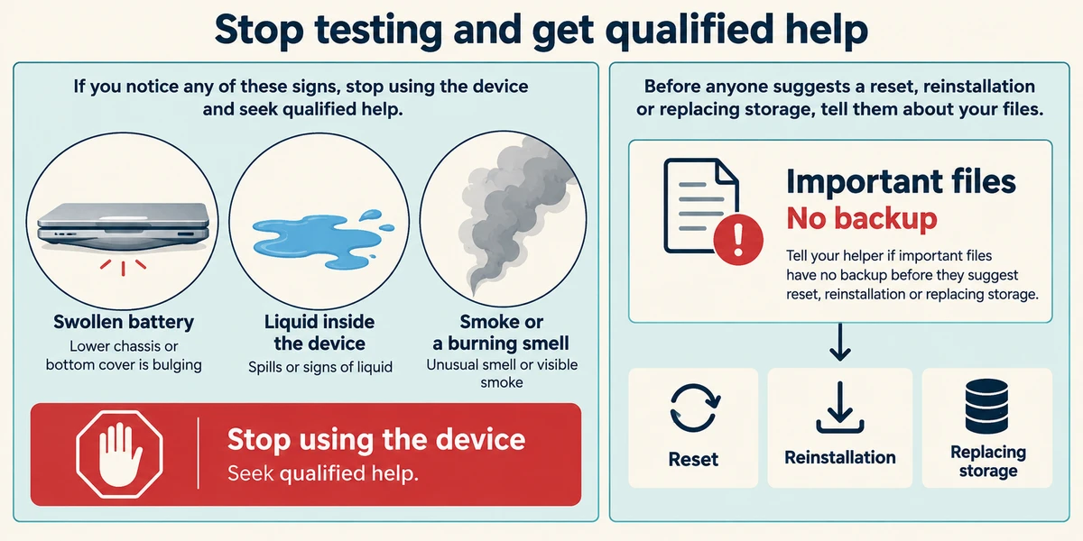 Swollen battery, liquid and smoke warnings lead to stopping for qualified help; unbacked-up files must be flagged before recovery.