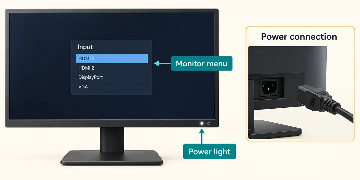 A monitor’s power light and built-in Input menu are identified beside its separate power connection.