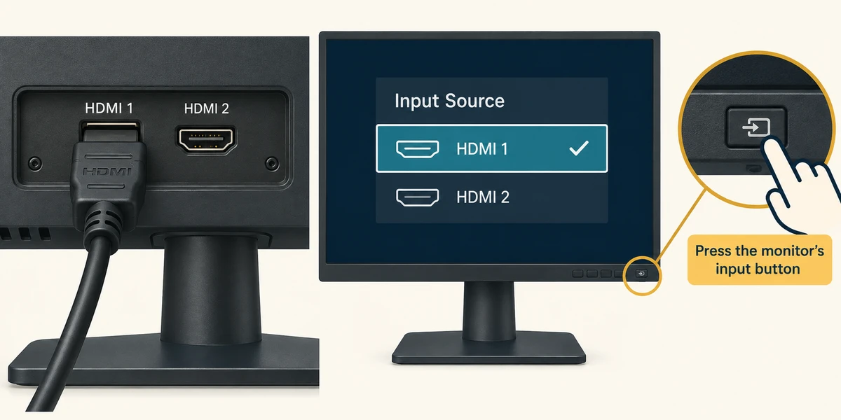 The cable occupies HDMI 1 on the monitor, matching HDMI 1 in its Input Source menu; the physical input button is highlighted.