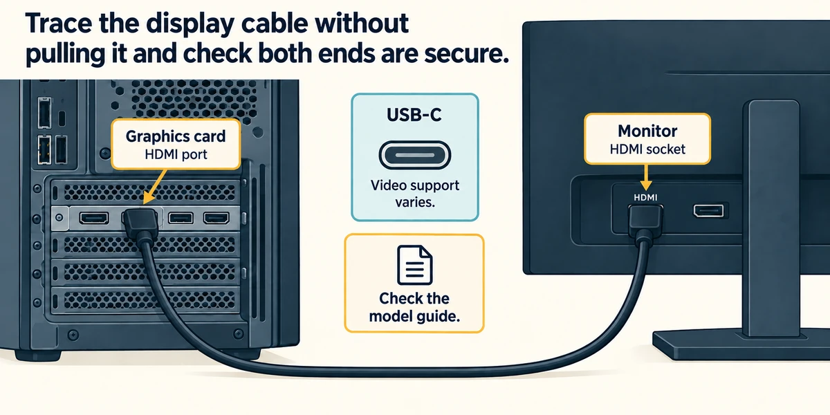 One HDMI cable runs from the desktop graphics-card socket to the monitor; a separate USB-C note says video support varies.