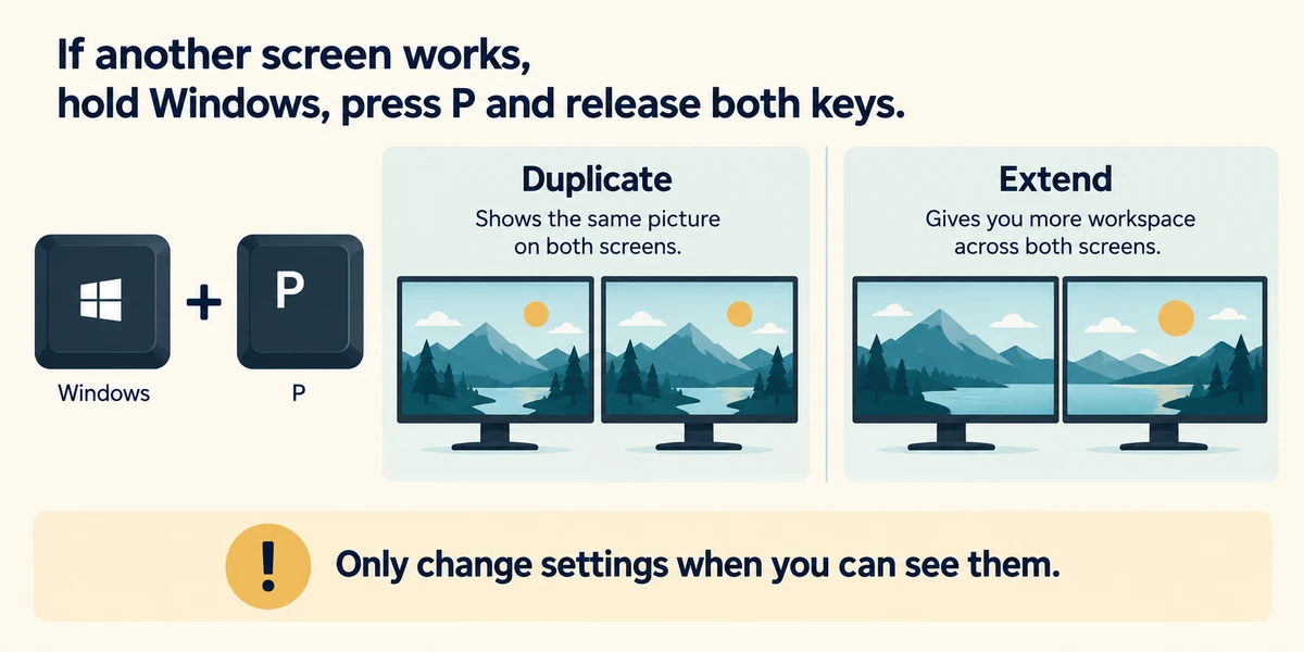 Duplicate repeats the same picture on two screens; Extend spreads one workspace across them, beside Windows and P keycaps.