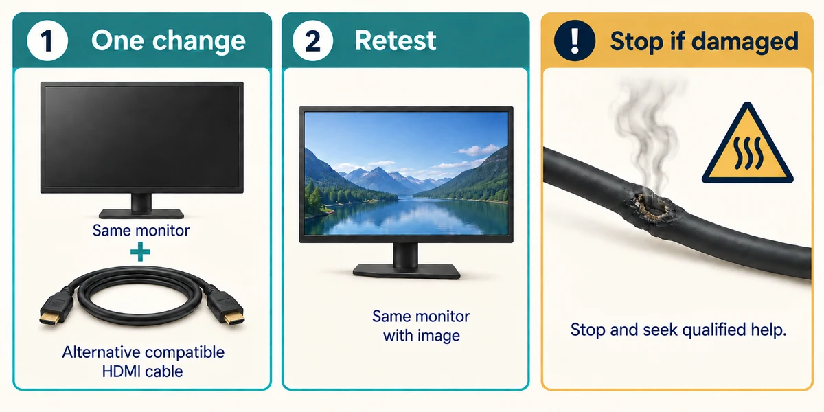 The same monitor is retested after one compatible cable change, beside a stop warning for damaged power equipment.
