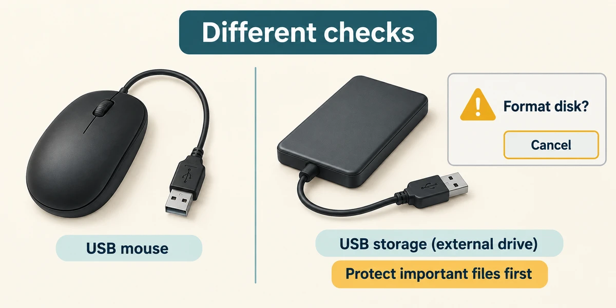 A USB mouse and storage drive need different checks; a Format disk warning beside the drive highlights Cancel to protect files.