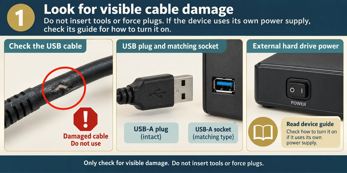 Damaged USB cable insulation is marked Do not use, beside an intact plug, matching socket and external-drive power switch.