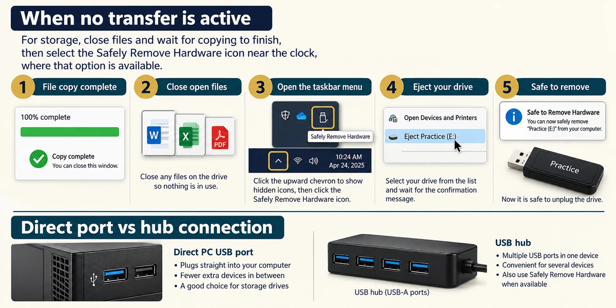 Copy complete, close files, eject and safe-removal confirmation precede unplugging; direct PC and USB hub connections are compared.