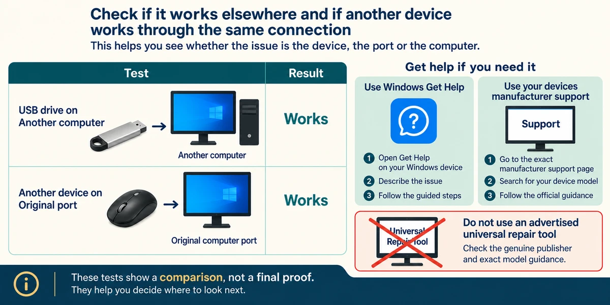Testing the device on another computer and another device on the original port provides comparison evidence for trusted support.