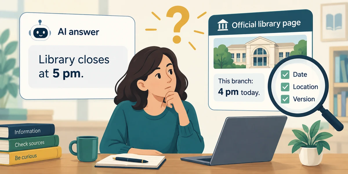 An AI opening-hours claim is compared with the current official branch information.