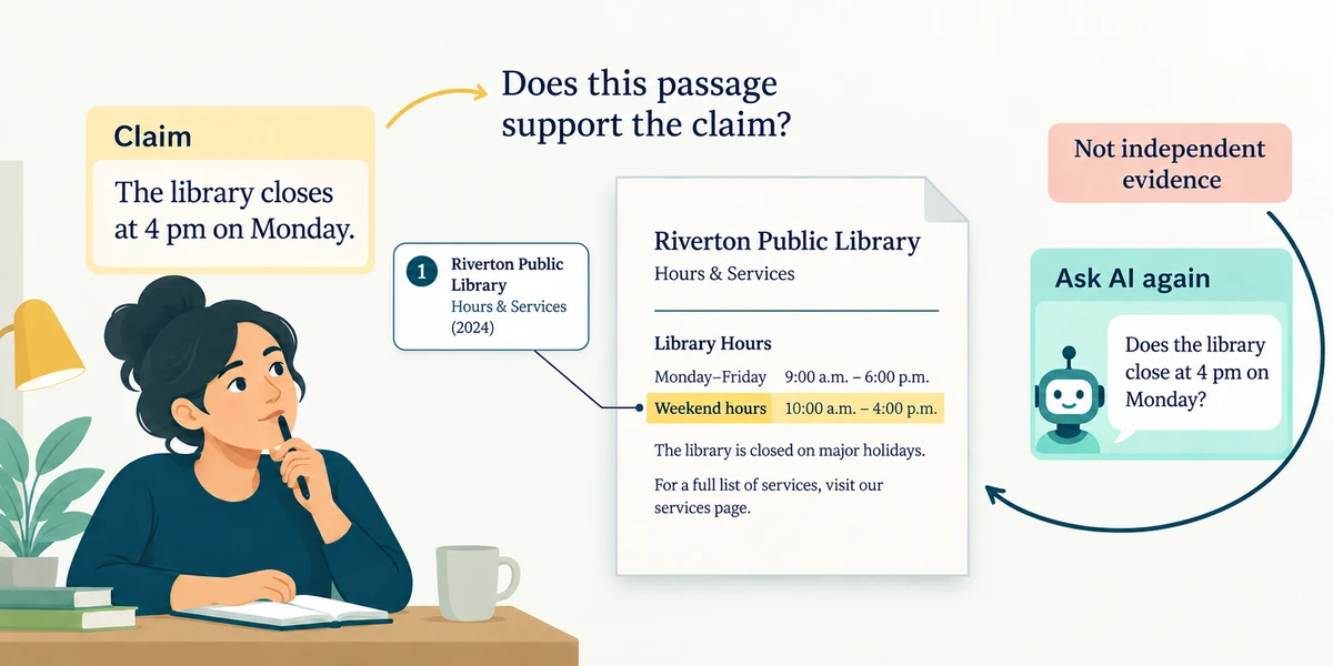A source passage must support the actual claim, not merely exist behind a citation.