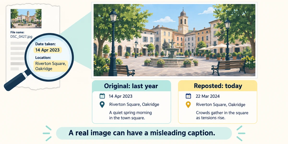 Check when and where an image was first used, not just its new caption.