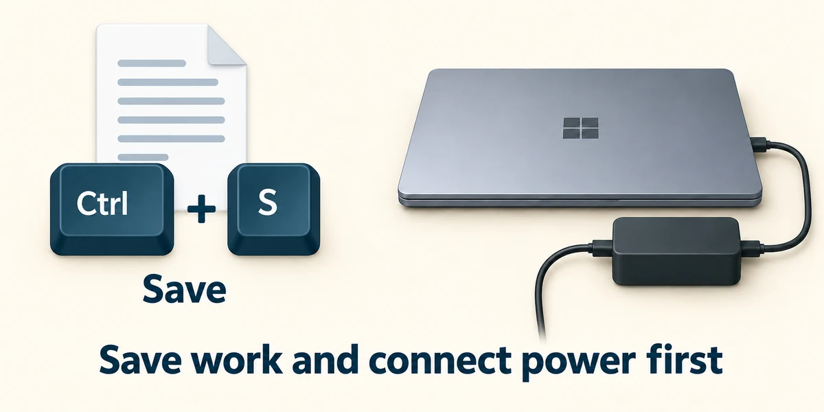 Save work with Ctrl plus S and connect the laptop to mains power before updates.