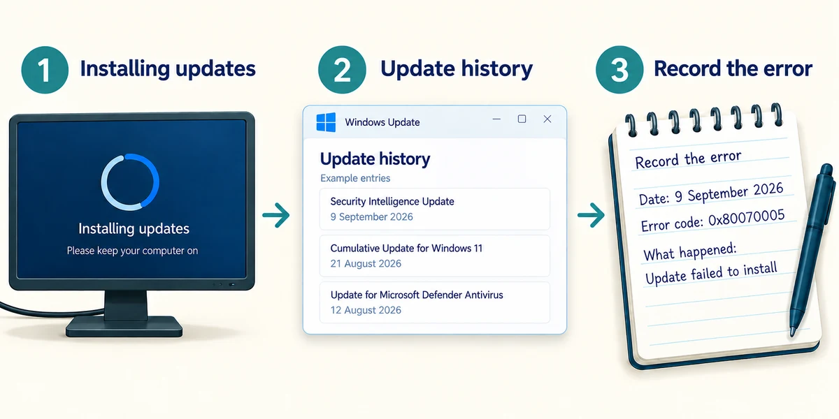 Keep power connected during updates, inspect update history and record any error.