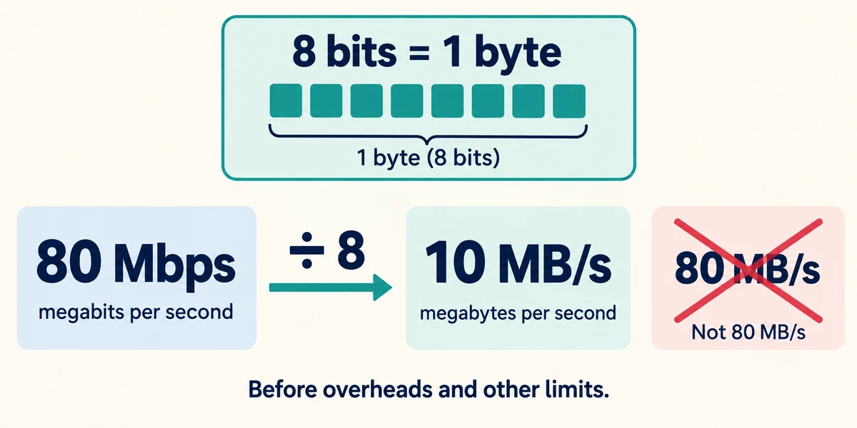 Eight bits make a byte: 80 Mbps equals 10 MB/s before overheads and other limits.