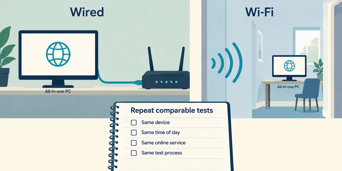Compare wired and Wi-Fi conditions and repeat comparable tests.