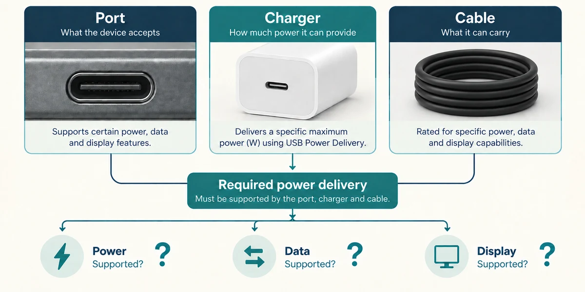 The port, charger and cable must support the required charging capability.