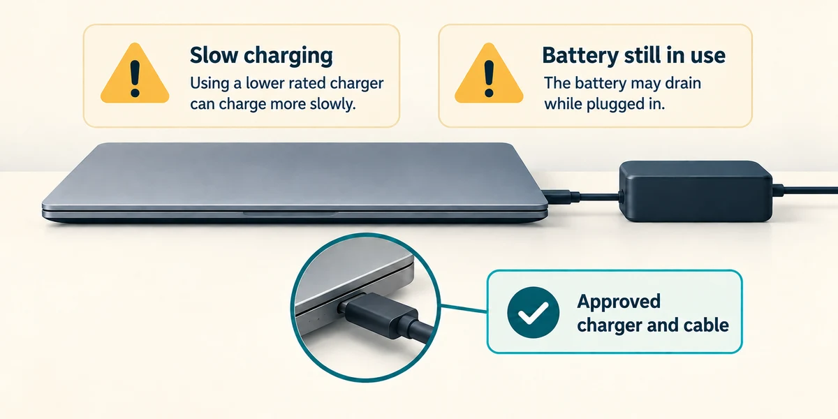 Check the charging message and approved equipment before assuming the battery has failed.