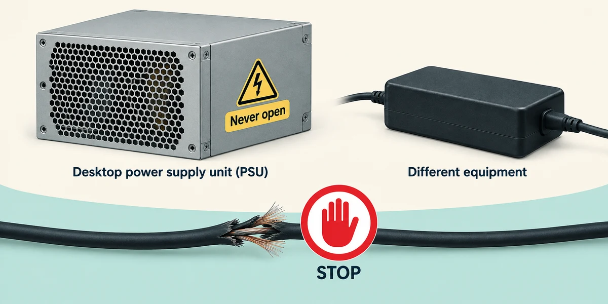 A desktop power supply is different from a laptop charger; stop using damaged equipment.