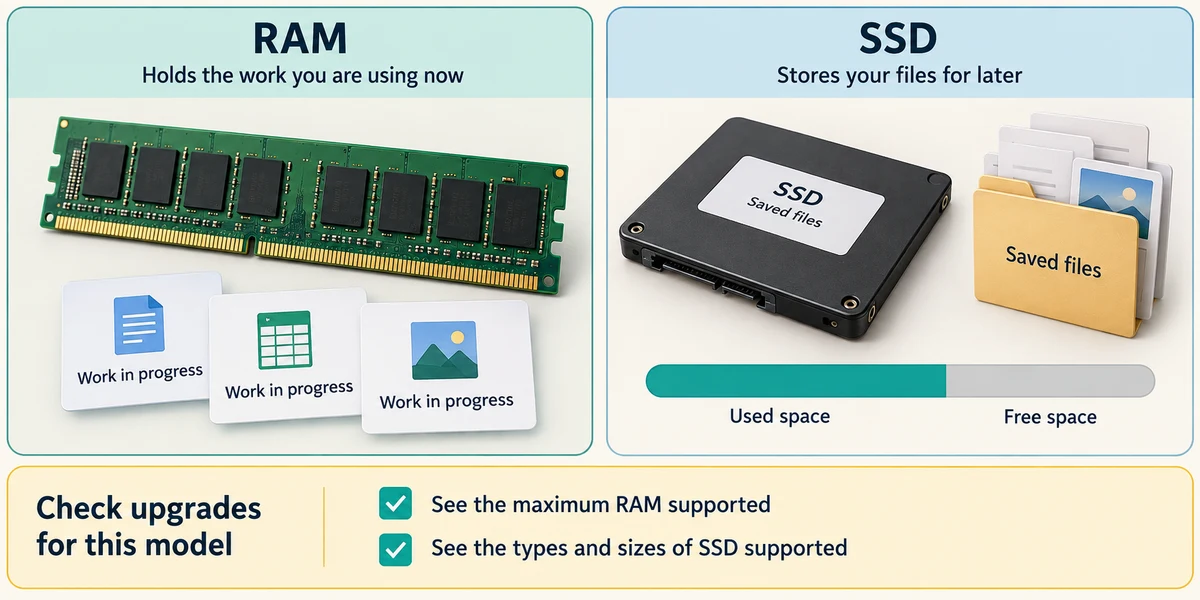 RAM supports current work while storage keeps saved files, with spare capacity and model-specific upgrades to check.