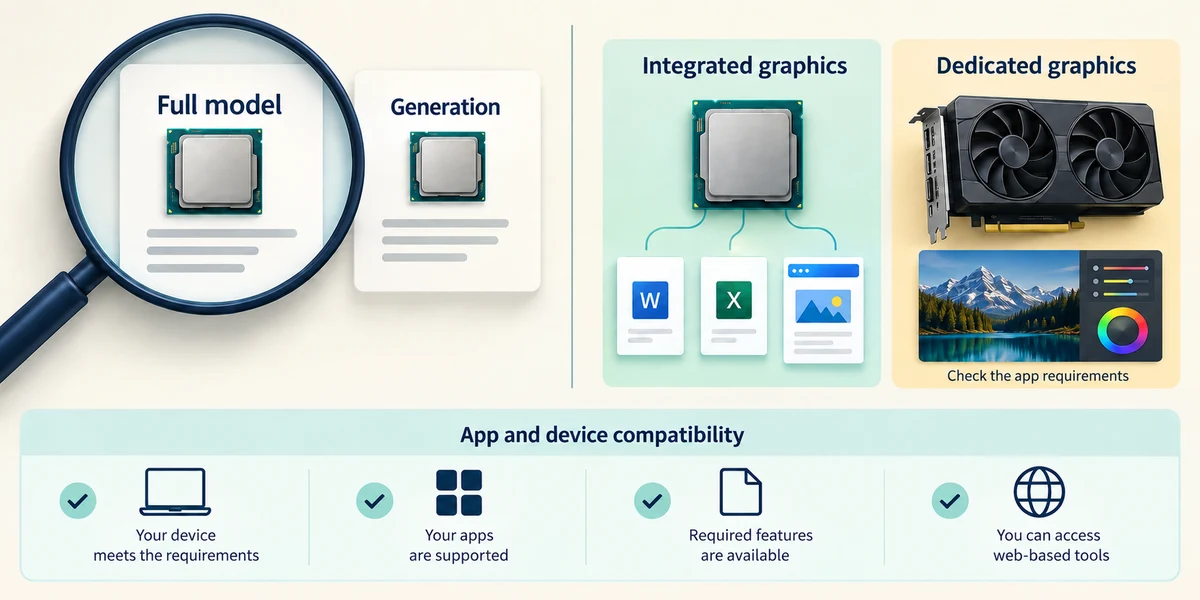 Full processor details, graphics needs and app compatibility are compared before choosing a computer.