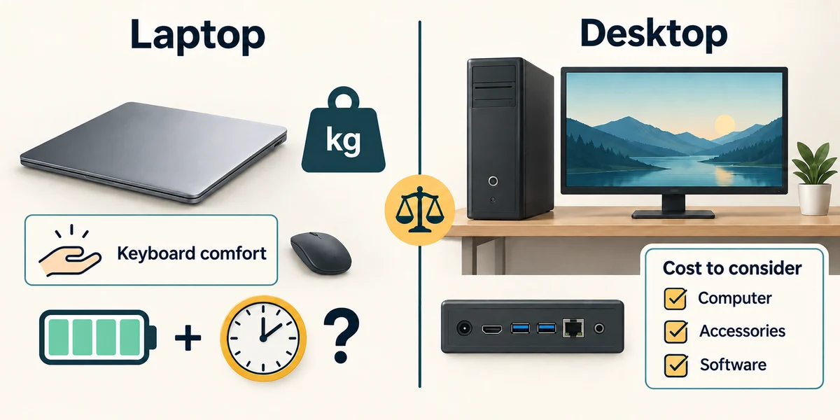 Portable laptop and fixed desktop needs are compared along with comfort, battery use and complete cost.