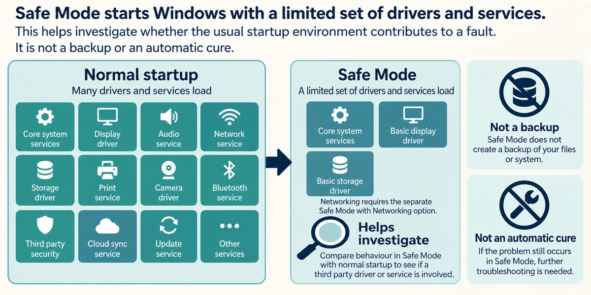 Safe Mode uses a smaller subset of the drivers and services in normal startup; it helps investigation but is not a backup or cure.